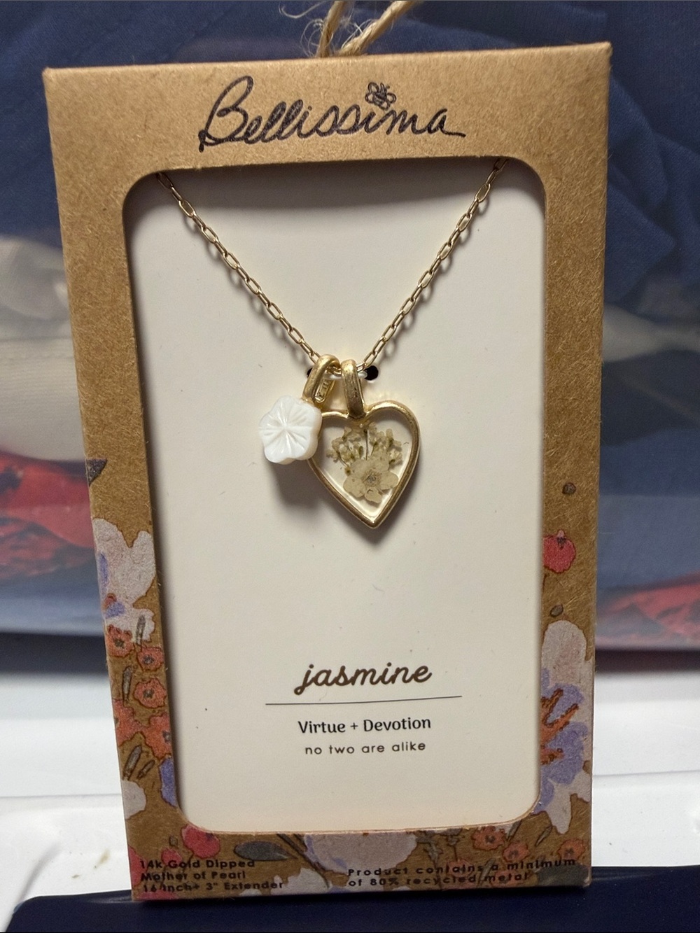 Bellissima Jasmine Gold Heart Pendant Necklace with White Flower Charm